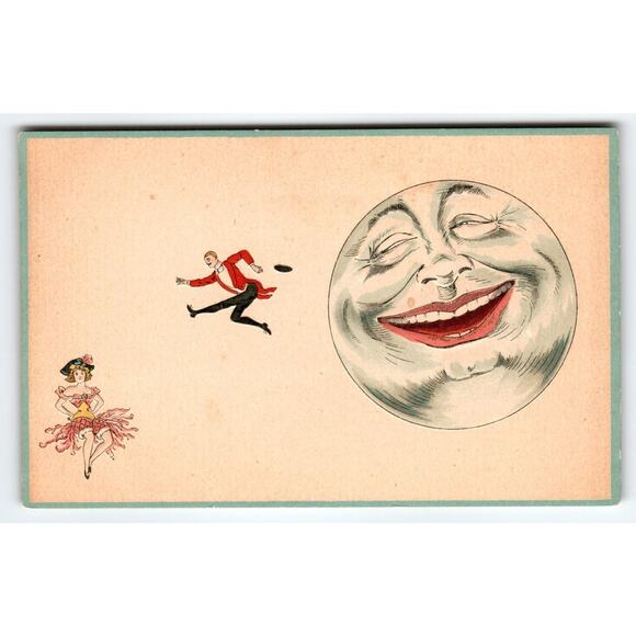 Anthropomorphic Laughing Moon Man Jumping Show Girl Fantasy Postcard Series 570 - Picture 1 of 3